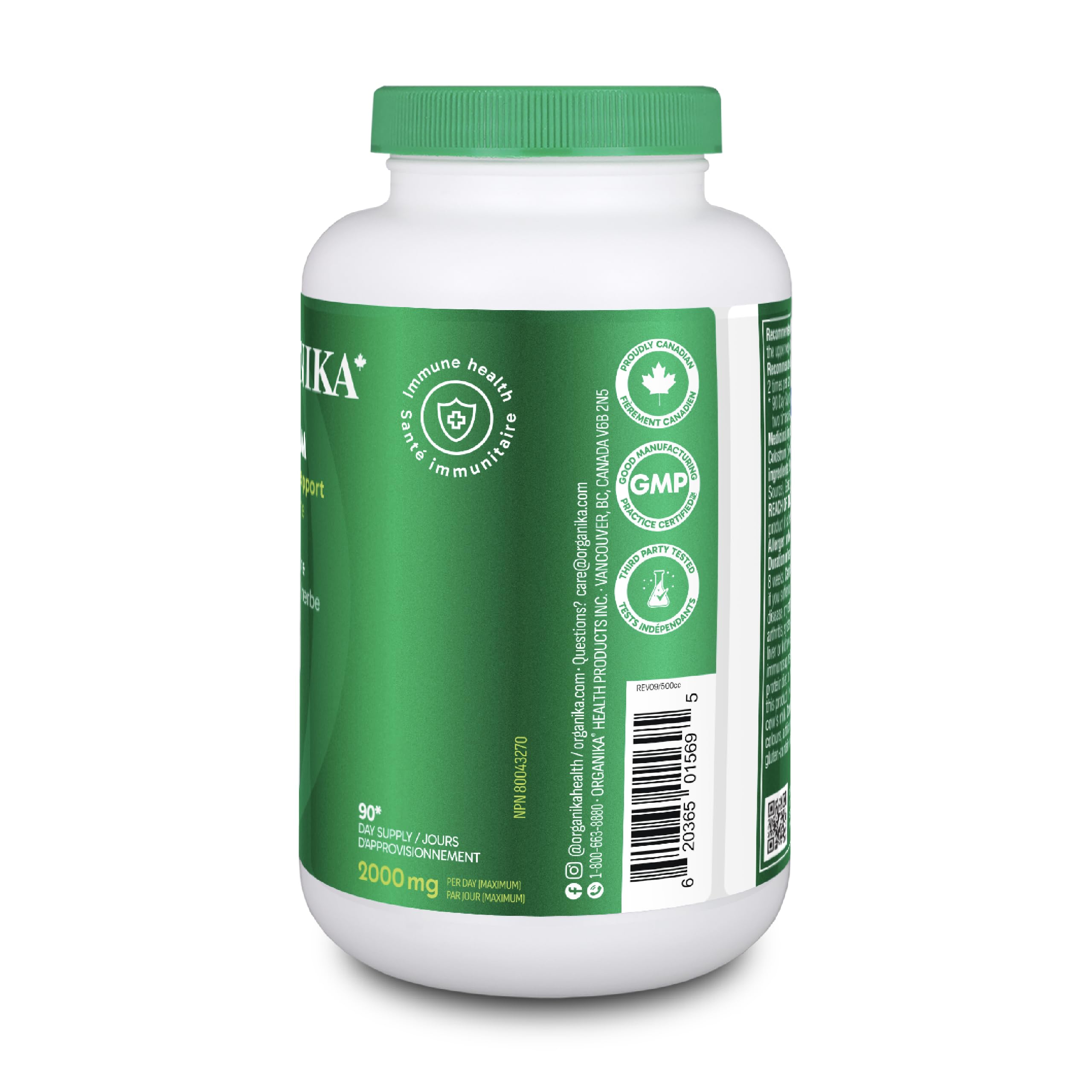 Organika Canadian-Made Colostrum (Bovine)- Immune Support, Grass-Fed- 180caps