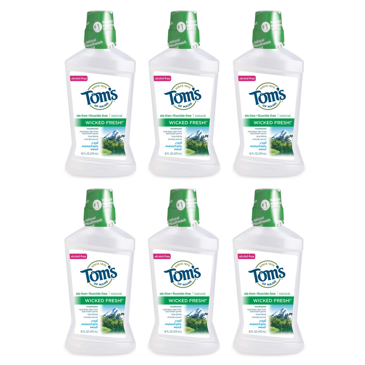 Tom's of Maine Wicked Fresh! Natural Fluoride Free Mouthwash, Cool Mountain Mint, 473ml, 6 pack