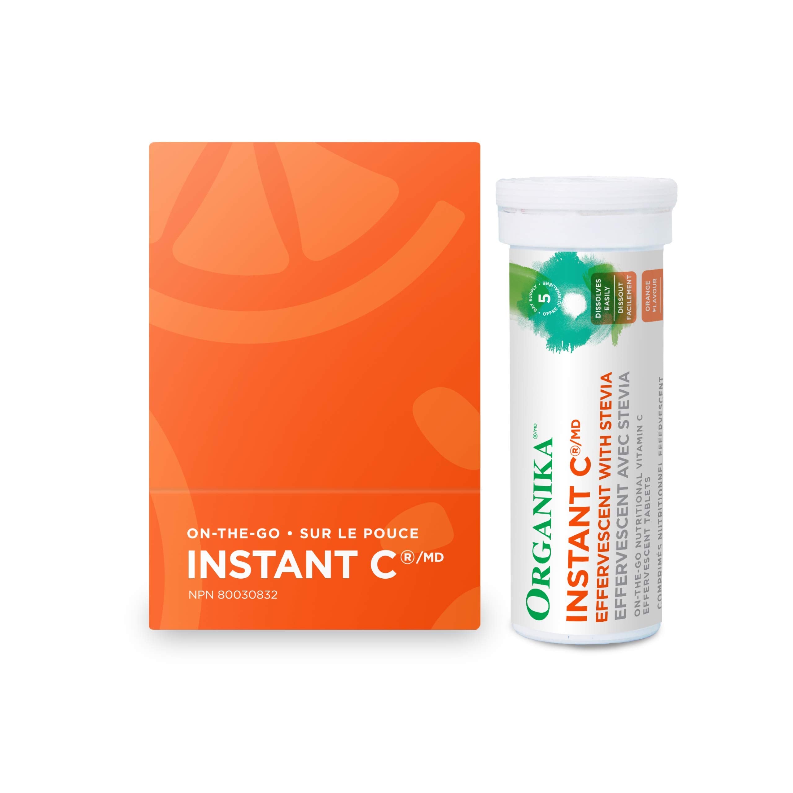 Organika Instant-C Effervescent- Orange- 1000mg Vitamin C, Immune Support Tablets 8 Tubes x 10 Tablets