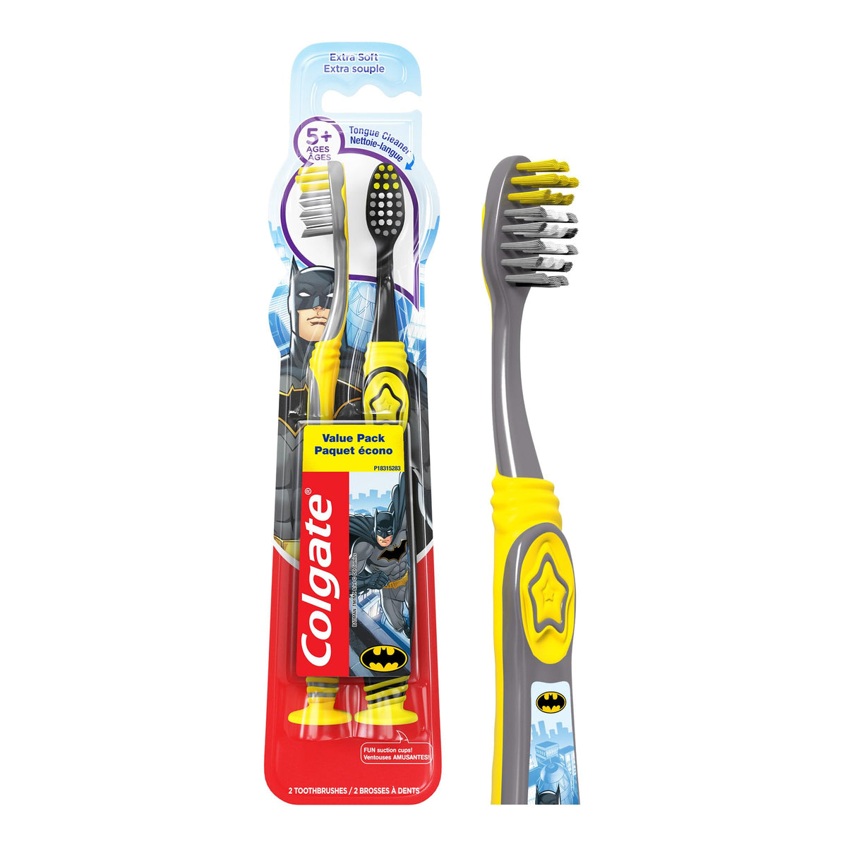 Colgate Kids Full Size Toothbrush (2 Pack) with Extra Soft Bristles, Cheek and Tongue Scraper, Batman Design, Suction Cup Base - Gentle for Children, Kids Toothbrush for Oral Care