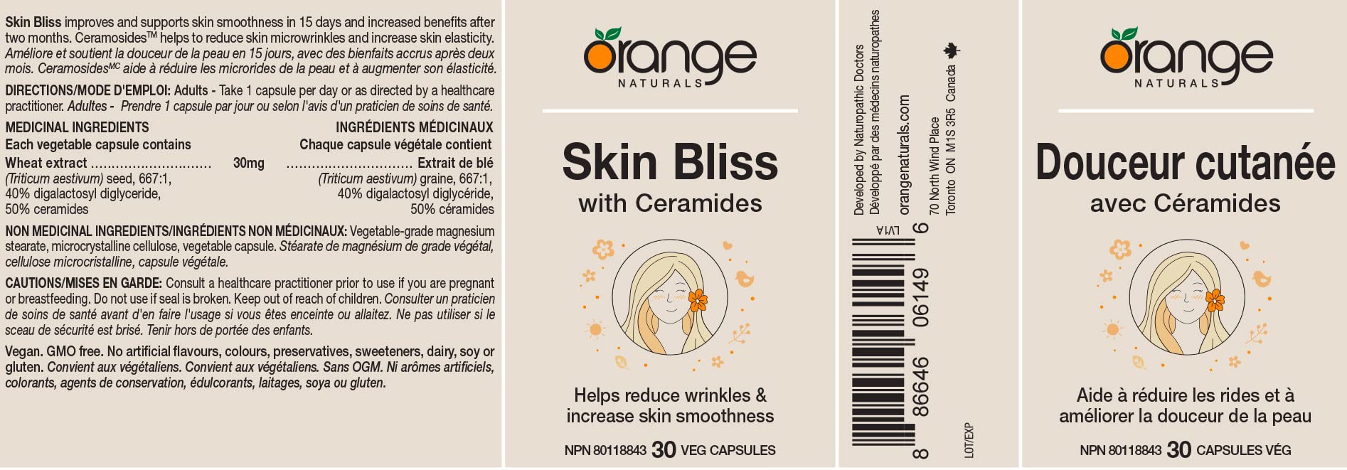 Orange Naturals Skin Bliss with Ceramides, 30 Veg Caps 30-Day Supply - Nourishing Support for Smooth & Supple Skin, Helps Maintain Hydration & Elasticity, Promotes a Clear, Vibrant Complexion, Vegan