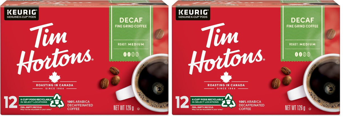 Tim Hortons Decaf Coffee, Single Serve Keurig K-Cup Pods, Medium Roast, 12ct Pack (Pack of 2)