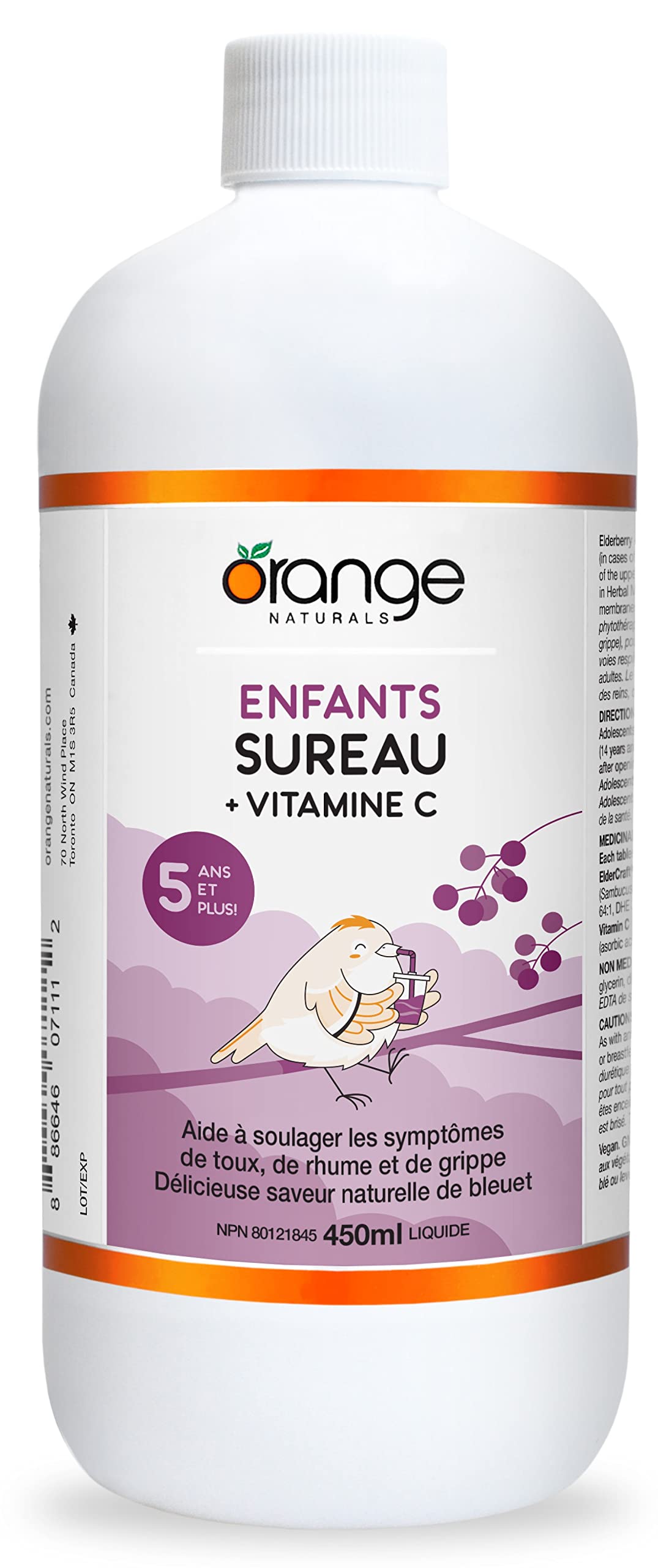 Orange Naturals Kids Elderberry + Vitamin C Syrup 450ml 90-Servings - Blueberry Taste, Organic Kids Vitamin, Support Antioxidant Defense, Comfort During Seasonal Changes, Aids During Cold & Flu Season