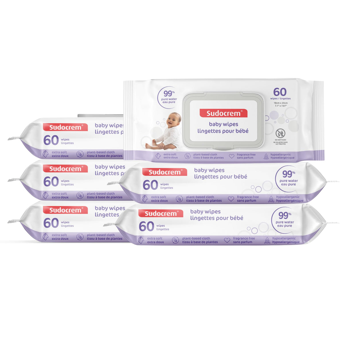 Sudocrem Pure Water Wipes 360 Count - Unscented, Hypoallergenic, Plant-Based Baby Wipes, 99% Water - Extra Strong and Ultra Soft (6 Packs of 60)