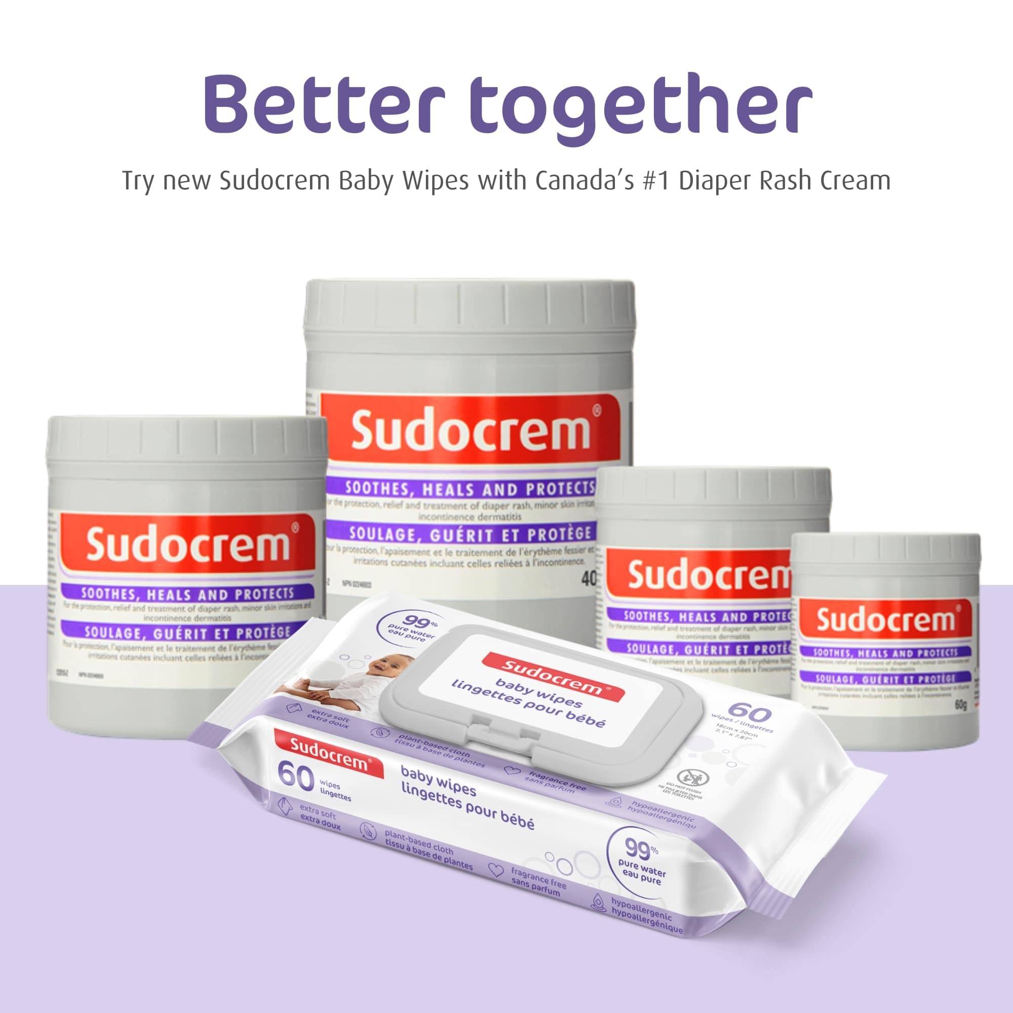 Sudocrem Pure Water Wipes 180 Count - Unscented, Hypoallergenic, Plant-Based Baby Wipes, 99% Water - Extra Strong and Ultra Soft (3 Packs of 60)