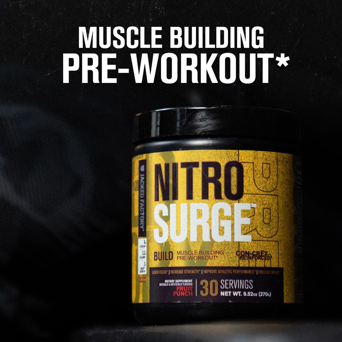 Nitrosurge Build Pre Workout - PreWorkout Powder w/Con-Cret Creatine HCL, Beta Alanine, & L-Citrulline for Increased Energy, Focus, & Muscle Growth - 30 Servings, Blue Raspberry