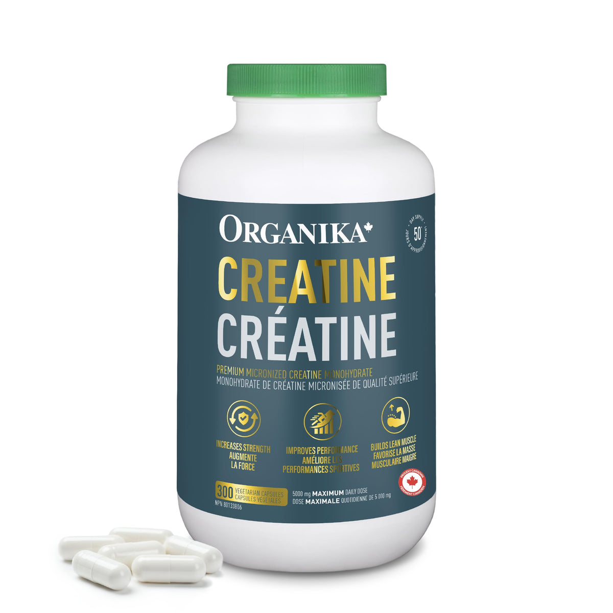 Organika Canadian-Made Creatine Capsules- Pure Micronized Creatine Monohydrate - Helps Build Lean Muscle, Improve Recovery and Performance for Men and Women- 300vcaps