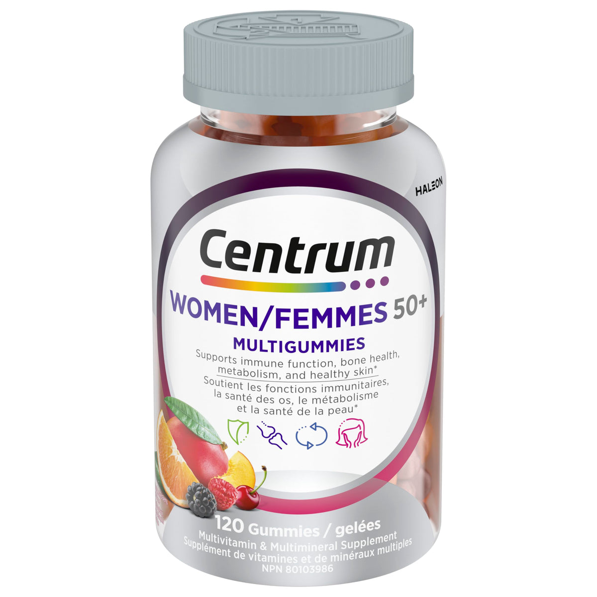 Centrum Women 50 Plus MultiGummies, Multivitamins/Minerals Gummies for Women 50+, Cherry, Berry, and Orange Flavours, 120 Gummies (Packaging May Vary)