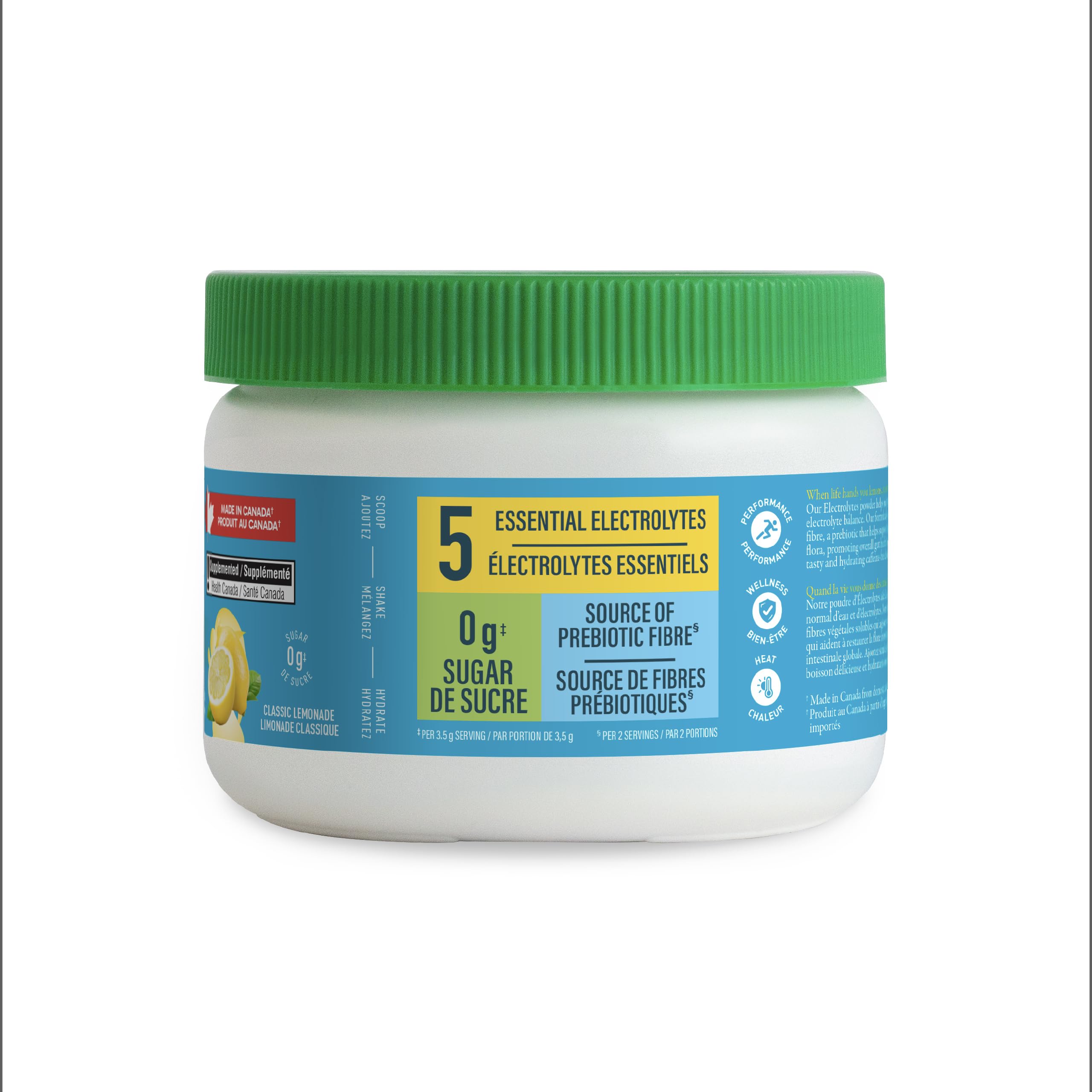Organika Canadian-Made Electrolytes Powder with Vitamin C & Prebiotic Fibre - Sugar-Free Hydration Drink Mix - Classic Lemonade - 210 g - 60 servings