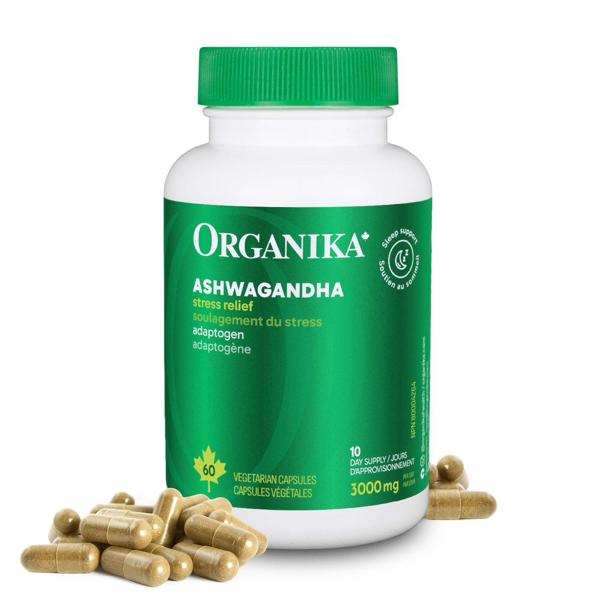 Organika Canadian-Made Ashwagandha- Stress Relief, Sleep Aid, Mood Enhancement, Thyroid and Blood Sugar Balance- 60 vcaps