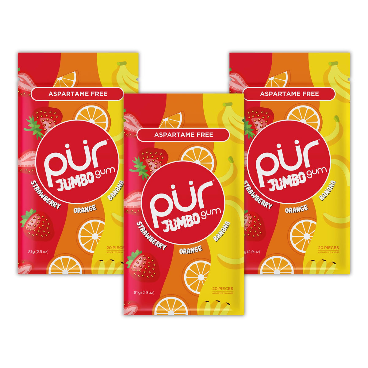PUR Jumbo Gum | Aspartame Free Chewing Gum | 100% Xylitol | Natural Strawberry, Banana, Orange Flavour, 20 Pieces (Pack of 3)