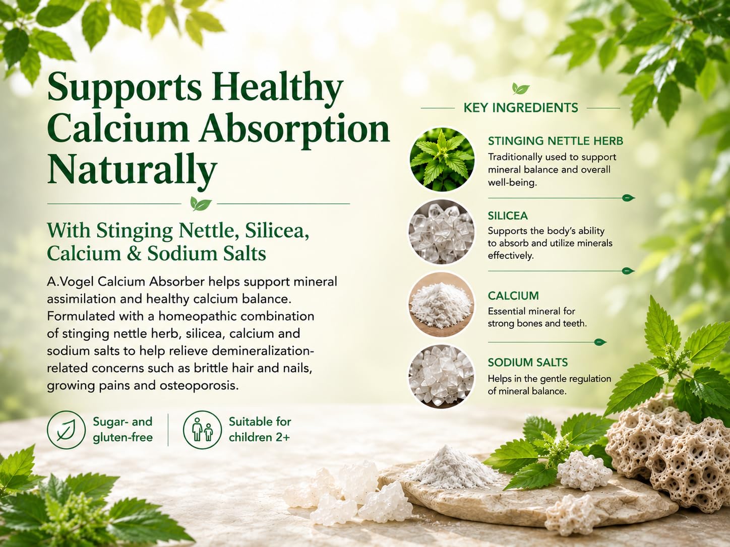 A.Vogel Calcium Absorber Homeopathic Remedy for Growing Pain, and Osteoporosis Relief - Stinging Nettle Herb with Silicea, Calcium, Sodium Salts for Brittle Hair and Nails Support