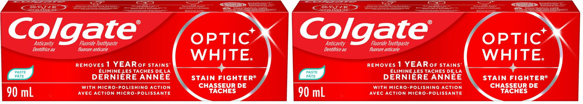 Colgate Optic White Stain Fighter Stain Removal Toothpaste, Clean Mint Paste, 90 mL (Pack of 2)
