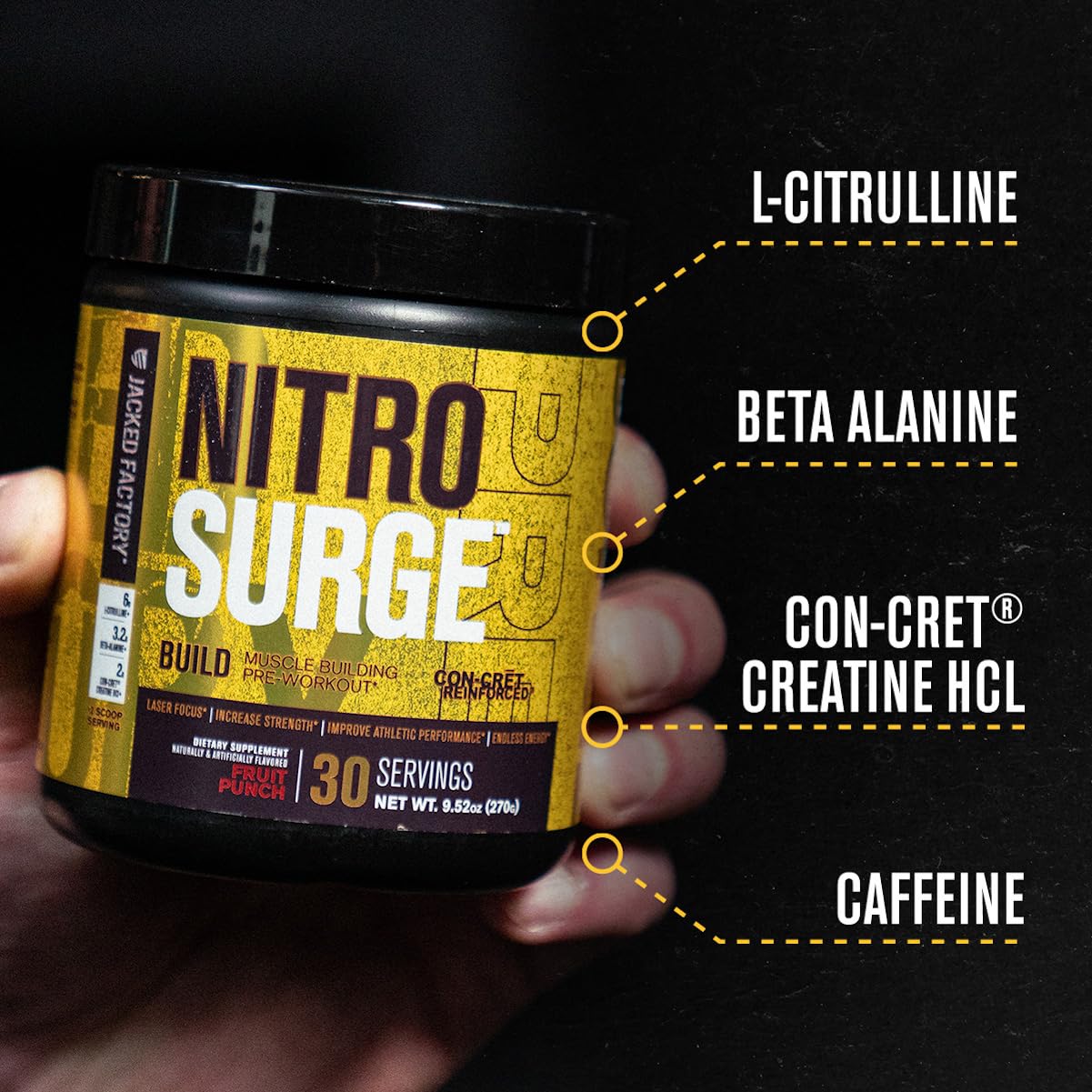 Nitrosurge Build Pre Workout - PreWorkout Powder w/Con-Cret Creatine HCL, Beta Alanine, & L-Citrulline for Increased Energy, Focus, & Muscle Growth - 30 Servings, Cherry Limeade
