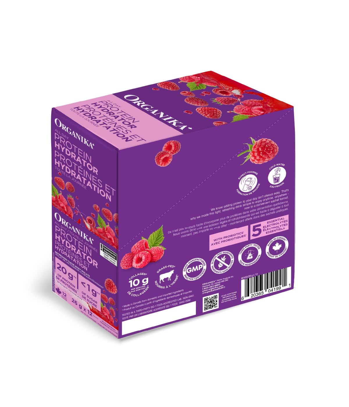 Organika Canadian-Made Protein Hydrator- Raspberry Flavour- Whey Protein Isolate with Collagen, Electrolytes, and Probiotics. Easy to Digest, 20g Protein Per Serving- 12 x 26g sachets