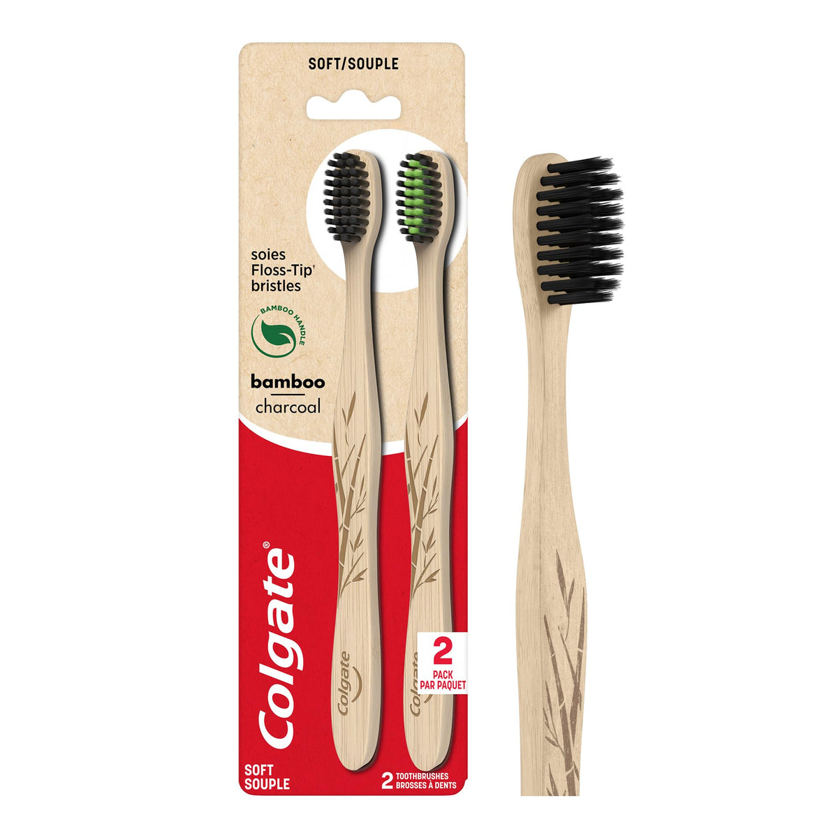 Colgate Bamboo Soft Bristle Full Size Toothbrush (2 Pack) with Floss-Tip Bristles, BPA Free, Eco-Friendly Toothbrush, Natural Bamboo Handle, Gentle on Gums, Sustainable Oral Care