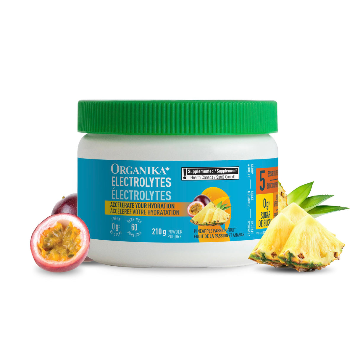 Organika Canadian-Made Electrolytes Powder with Vitamin C & Prebiotic Fibre - Sugar-Free Hydration Drink Mix - Pineapple PassionFruit - 210 g - 60 servings
