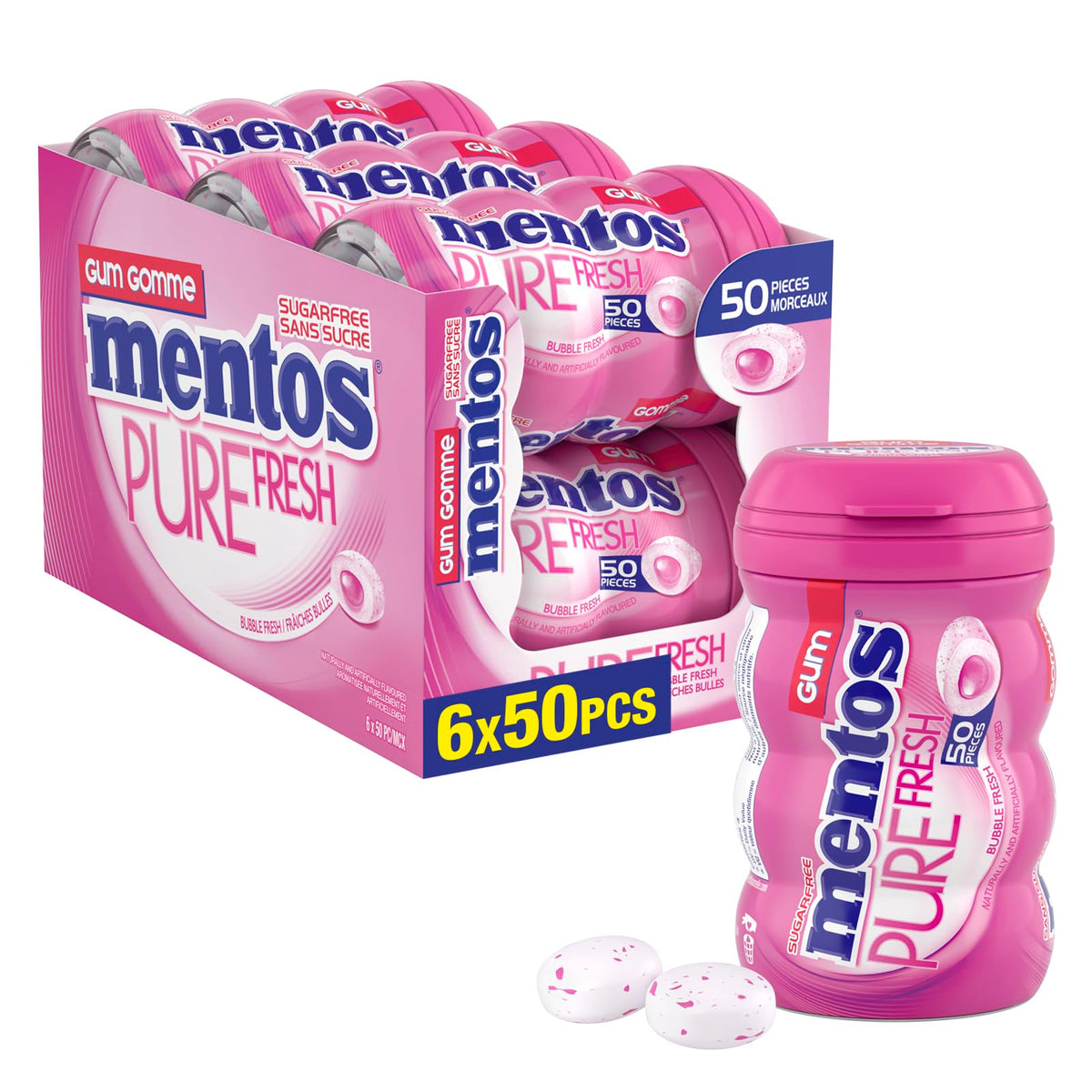 Mentos Pure Fresh, Bubble Fresh Sugar-free Gum - Pack of 6 Bottles (300 Pieces)
