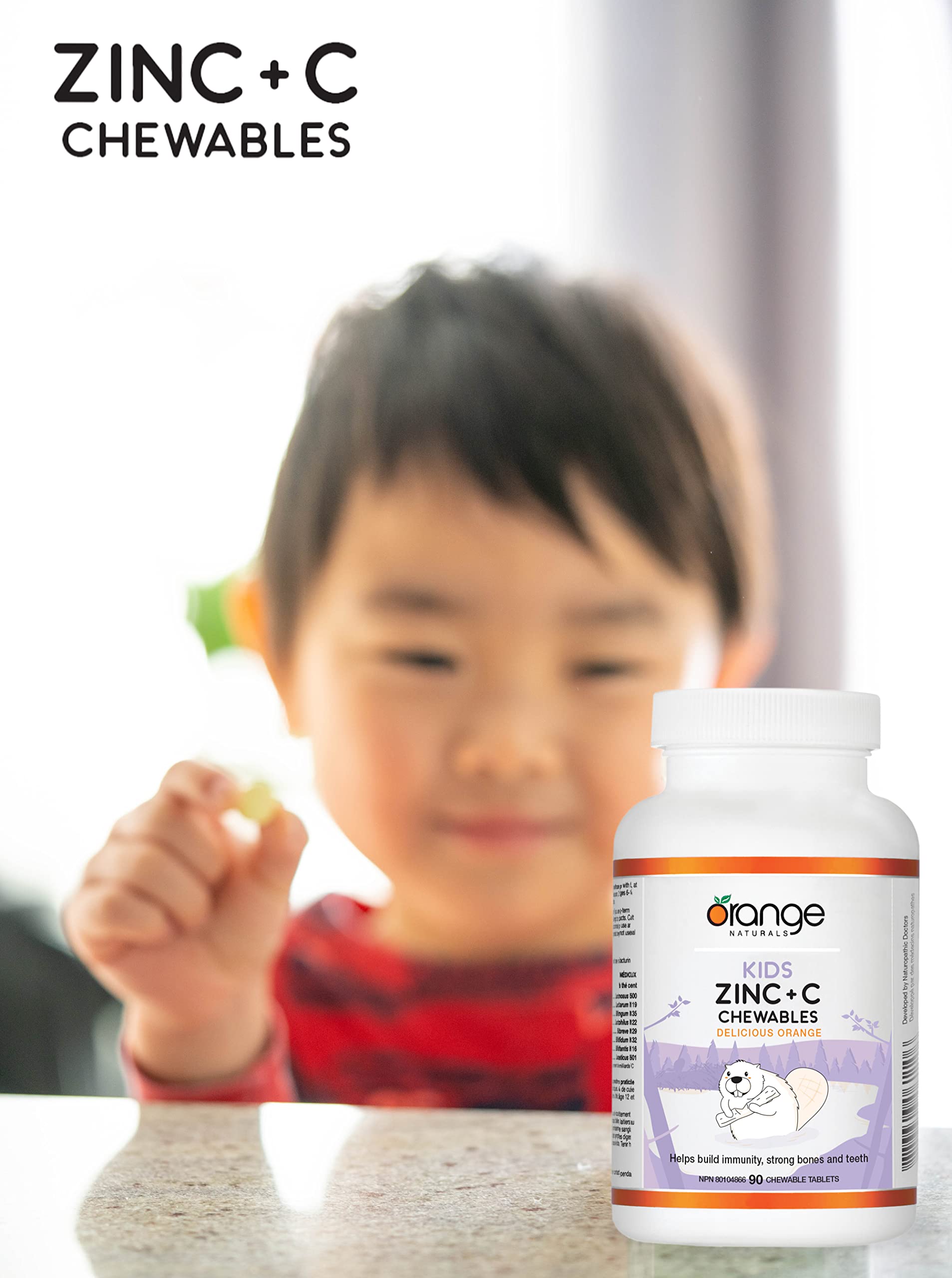 Orange Naturals Kids Zinc + Vitamin C, 90 Chewable Tablets, 90-Day Supply with 12mg Zinc & 100mg Vitamin C, Helps Build Immunity, Strong Bones and Teeth - Support Overall Wellness