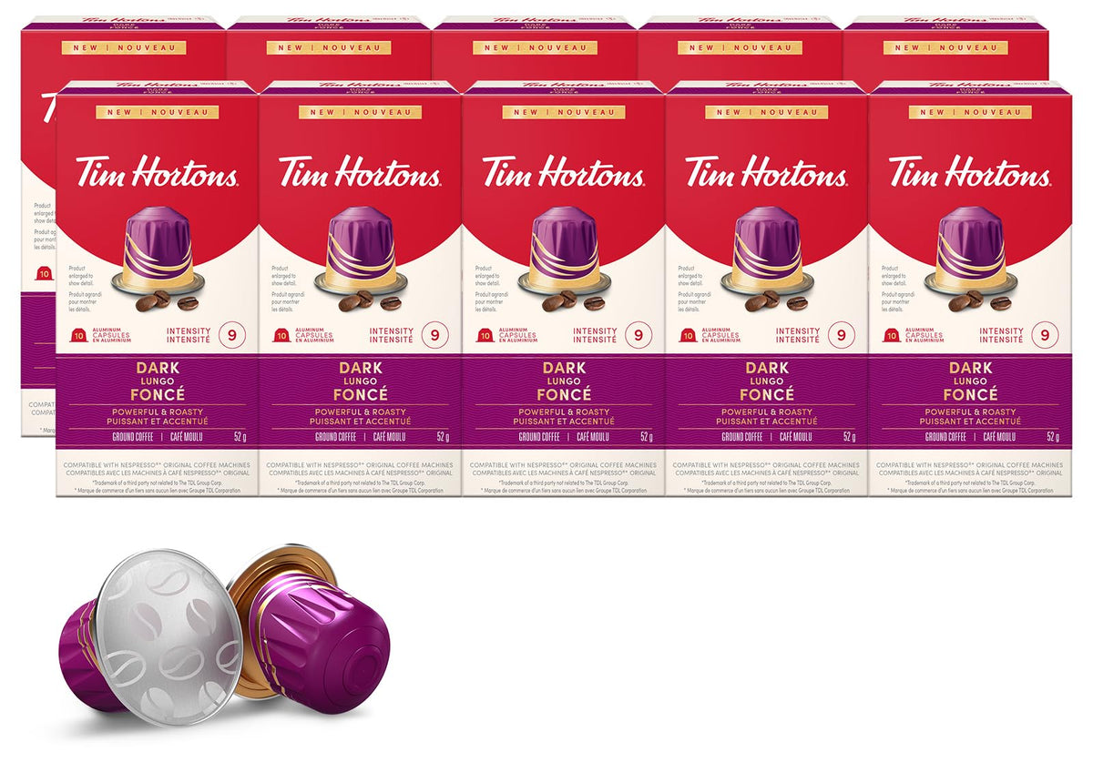 Tim Hortons Dark Lungo Capsules, Nespresso Original Line Compatible Capsules, 100 Count