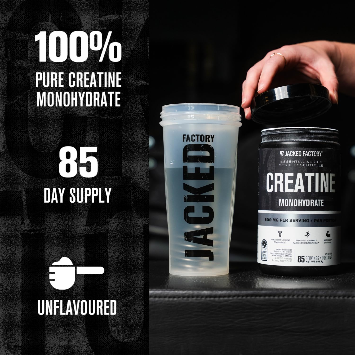 Jacked Factory Creatine Monohydrate Powder 425g - Canadian-Owned Informed Choice Certified Supplement for Increased Muscle Mass*, Improved Strength, Power, & Performance** - 85 Servings, Unflavored
