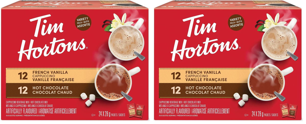 Tim Hortons Variety Mix, Hot Chocolate & French Vanilla Cappuccino Packets/Sachets, 24 Count (Pack of 2)