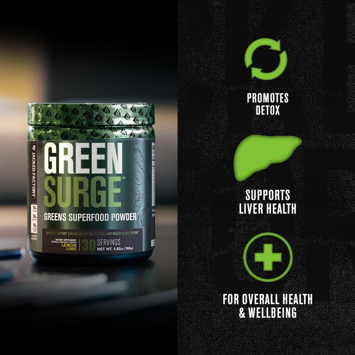 Jacked Factory Greensurge Green Superfood Powder - Greens Drink w/Spirulina, Wheat & Barley Grass, Organic Greens - Green Tea Extract, Probiotics & Digestive Enzymes - 30 Servings, Sour Apple