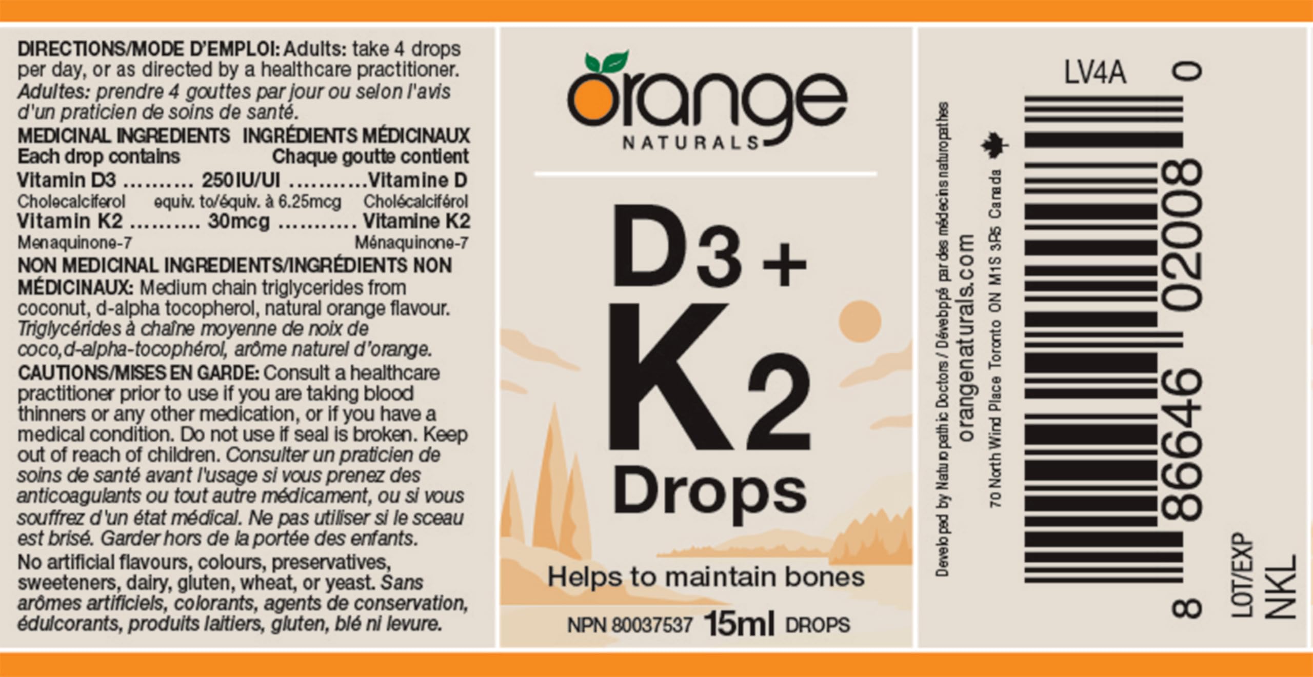 Orange Naturals - Vitamin D3+K2 Drops 250IU 15ml, 75-Day Supply - Natural Orange Flavour - Support Bone, Teeth Health, Maintain Muscle, Enhanced Absorption and Prevent D Deficiency Cholecalciferol