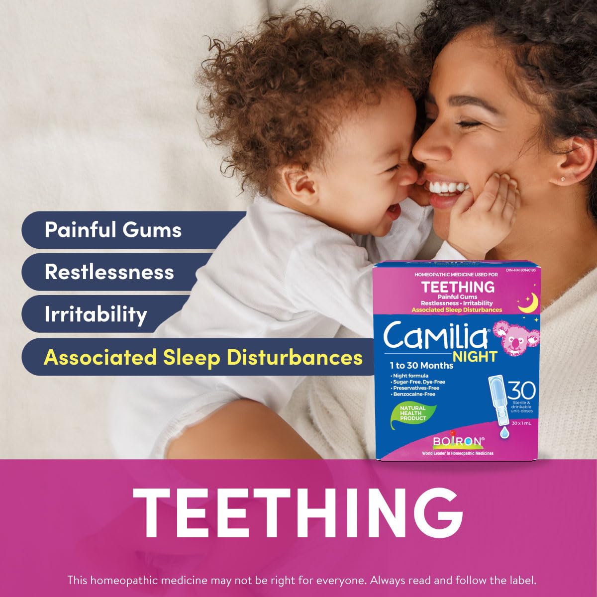 NEW Boiron Camilia Night 30 unit-doses. Homeopathic medicine used to relieve pain, restlessness, irritability due to teething, and associated sleep disturbances. From 1 to 30 months.