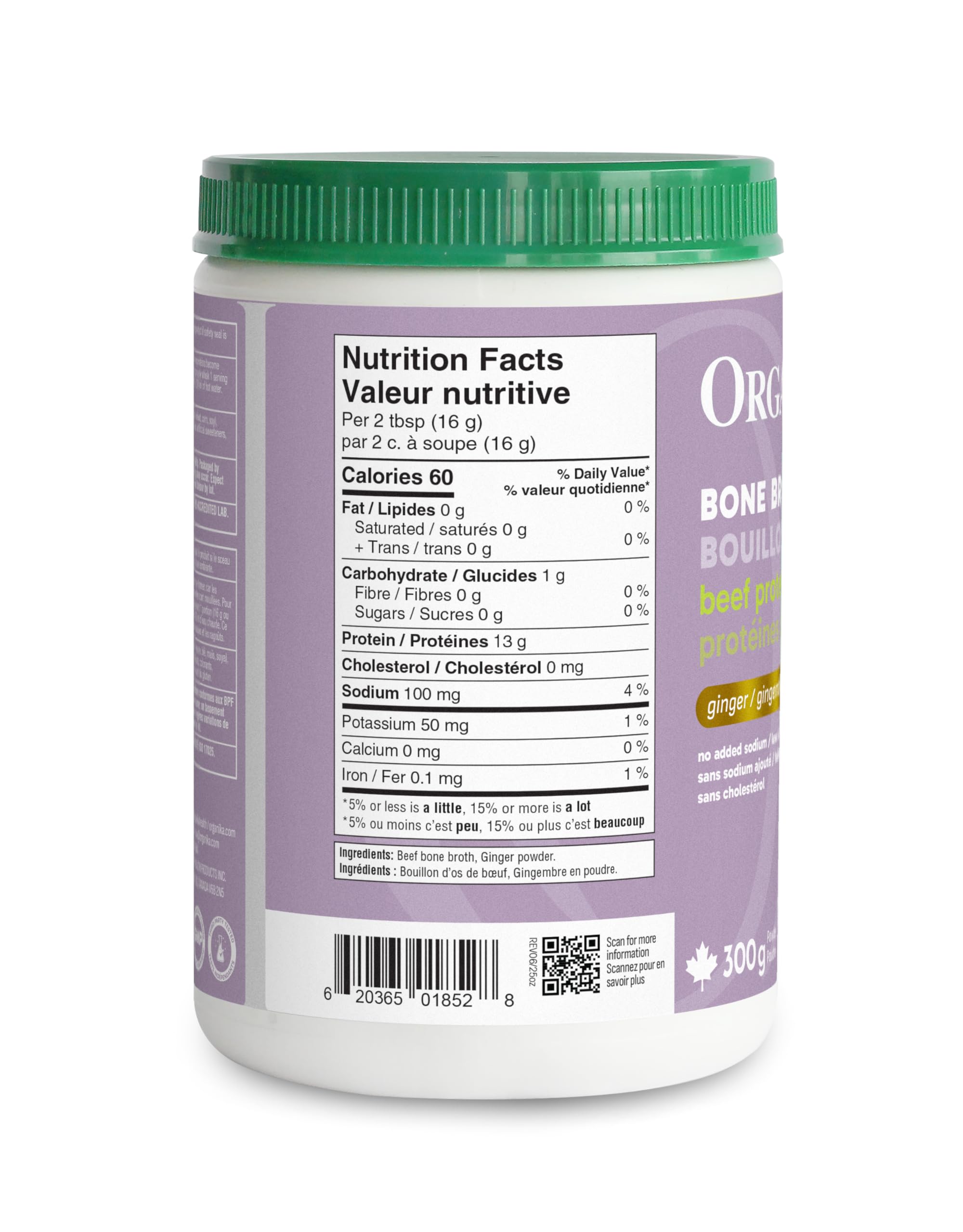 Organika Beef Bone Broth Powder with Ginger- Grass-Fed and Pasture Raised Cows- Keto Friendly, High Protein and Mineral Content, 300g