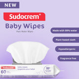 Sudocrem Pure Water Wipes 60 Count - Unscented, Hypoallergenic, Plant-Based Baby Wipes, 99% Water - Extra Strong and Ultra Soft (Pack of 2)