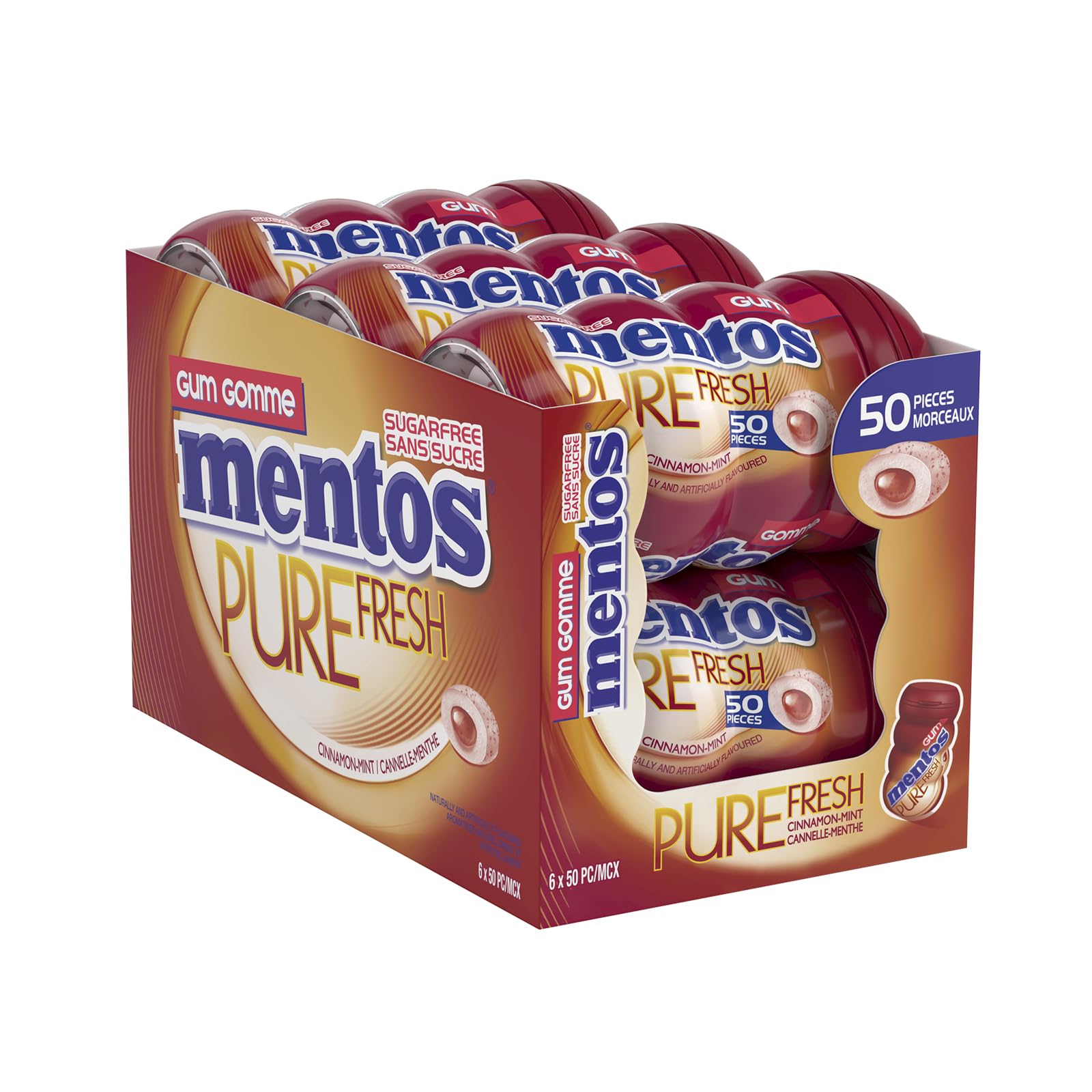 Mentos Pure Fresh, Cinnamon Sugar-free Gum - Pack of 6 Bottles (300 Pieces)