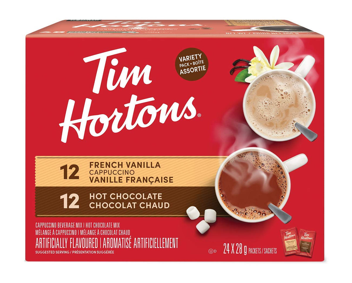 Tim Hortons Variety Mix, Hot Chocolate & French Vanilla Cappuccino Packets/Sachets, 24 Count