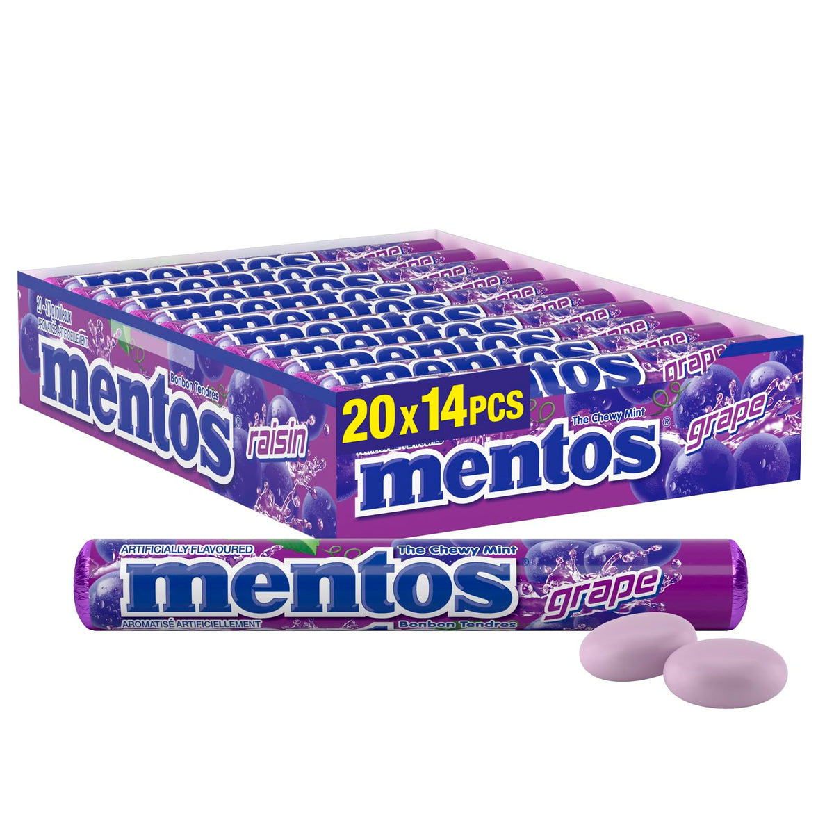 Mentos Chewy Mints, Grape - Pack of 20 Rolls (280 Pieces), 37g per roll