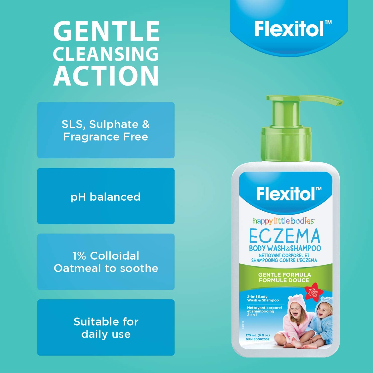 Flexitol Happy Little Bodies Eczema Relief Body Wash & Shampoo – 2-in-1 Gentle Formula for Kids, Nourishes, Cleanses & Relieves Eczema, Dry, Sensitive Skin, Ideal for Baby’s Delicate Skin (175ml)