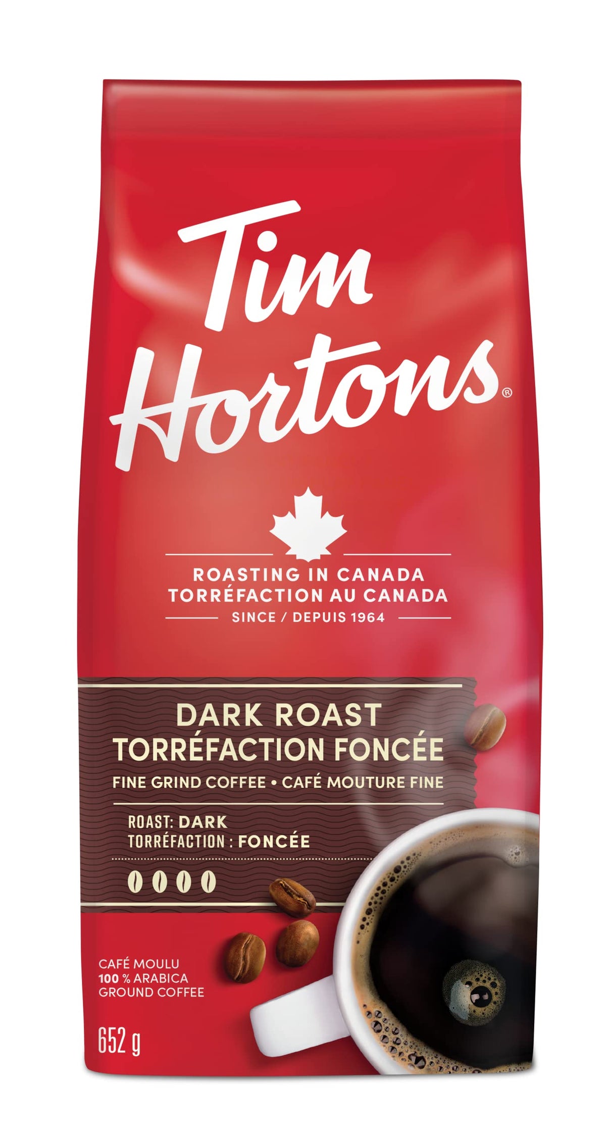 Tim Hortons Dark Roast, Fine Grind Coffee, Dark Roast, Made with 100% Arabica Beans, 652g Bag