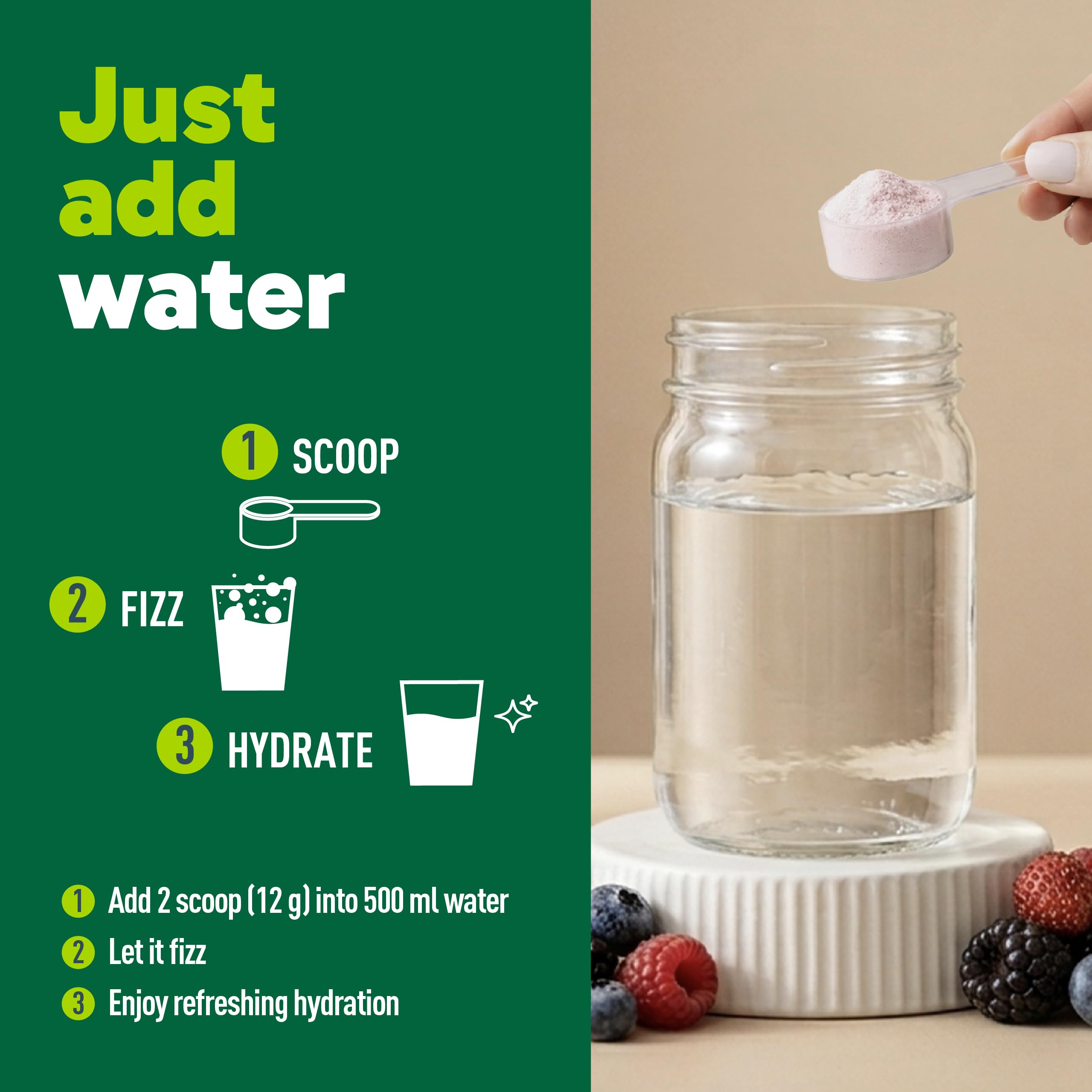 Organika Canadian-Made Electrolytes + Enhanced Collagen - Daily Hydration Powder with 5g of Collagen for Hair, Skin and Nails, 100% of Daily Vitamin C, Wildberry Flavour, 360 g, 30 Servings