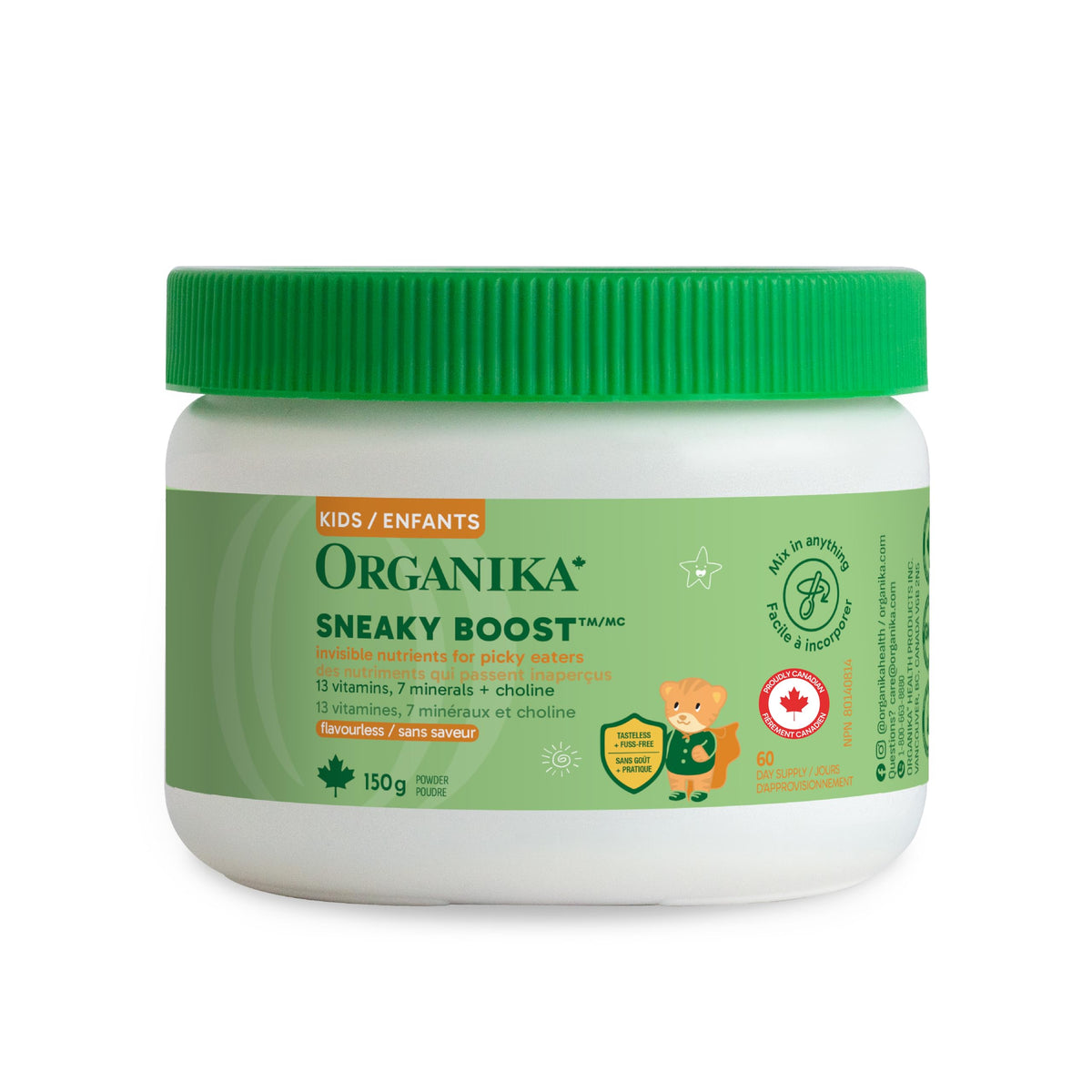 Organika Kids Sneaky Boost- A Flavourless Multivitamin Powder to Add to Food or Drink, 13 Vitamins, 7 Minerals + Choline for Healthy Growth and Development- 150g