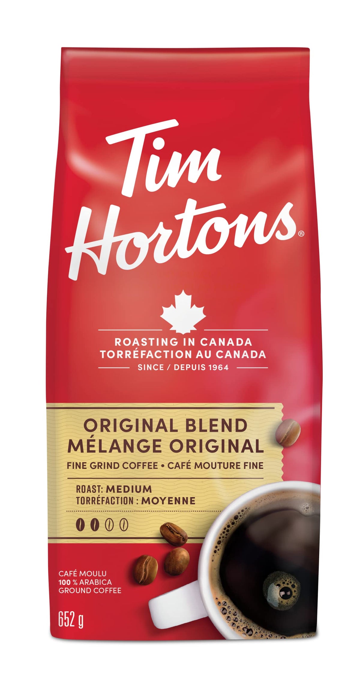 Tim Hortons Original Blend, Fine Grind Coffee, Medium Roast, Made with 100% Arabica Beans, 652g Bag