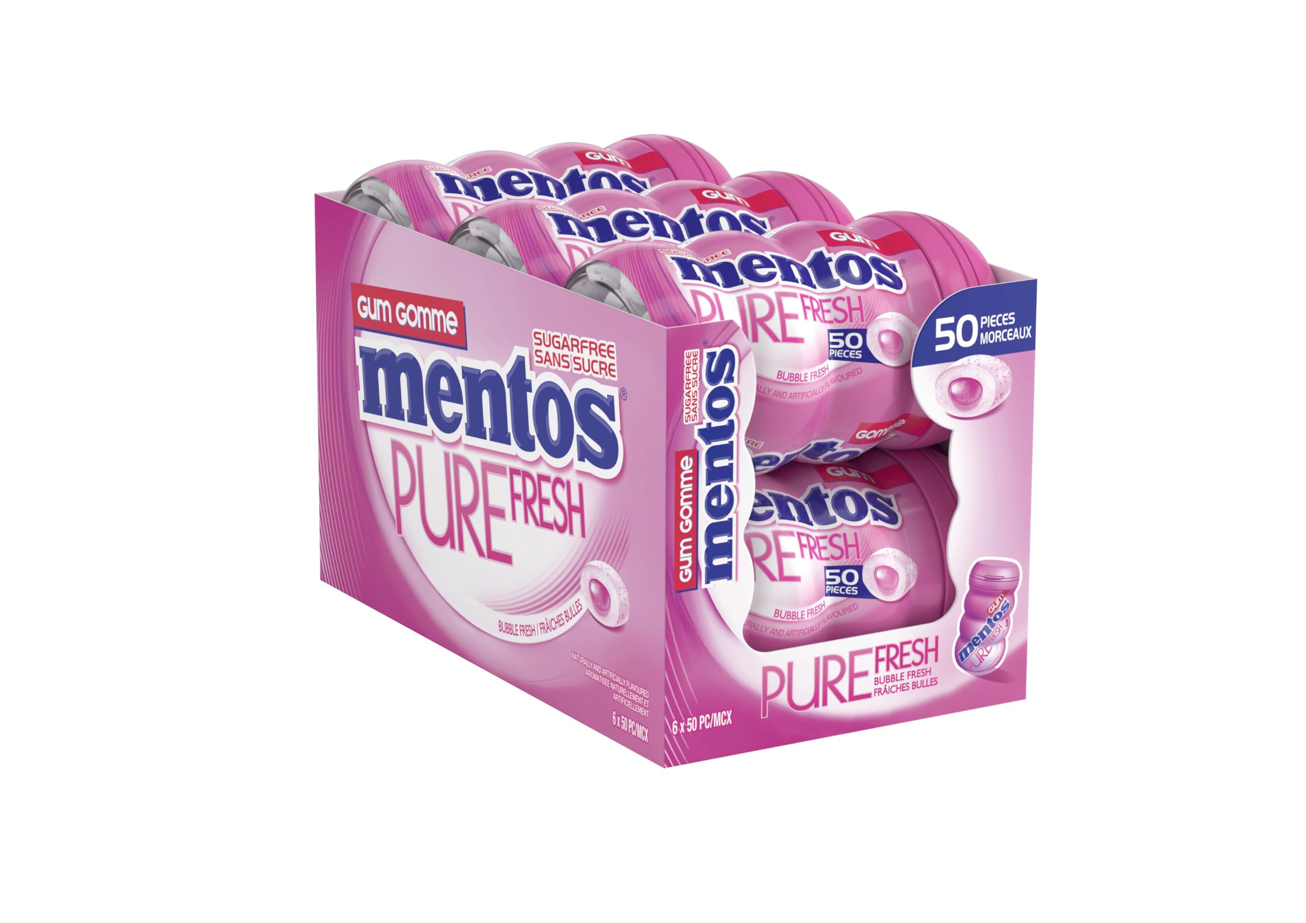 Mentos Pure Fresh, Bubble Fresh Sugar-free Gum - Pack of 6 Bottles (300 Pieces)