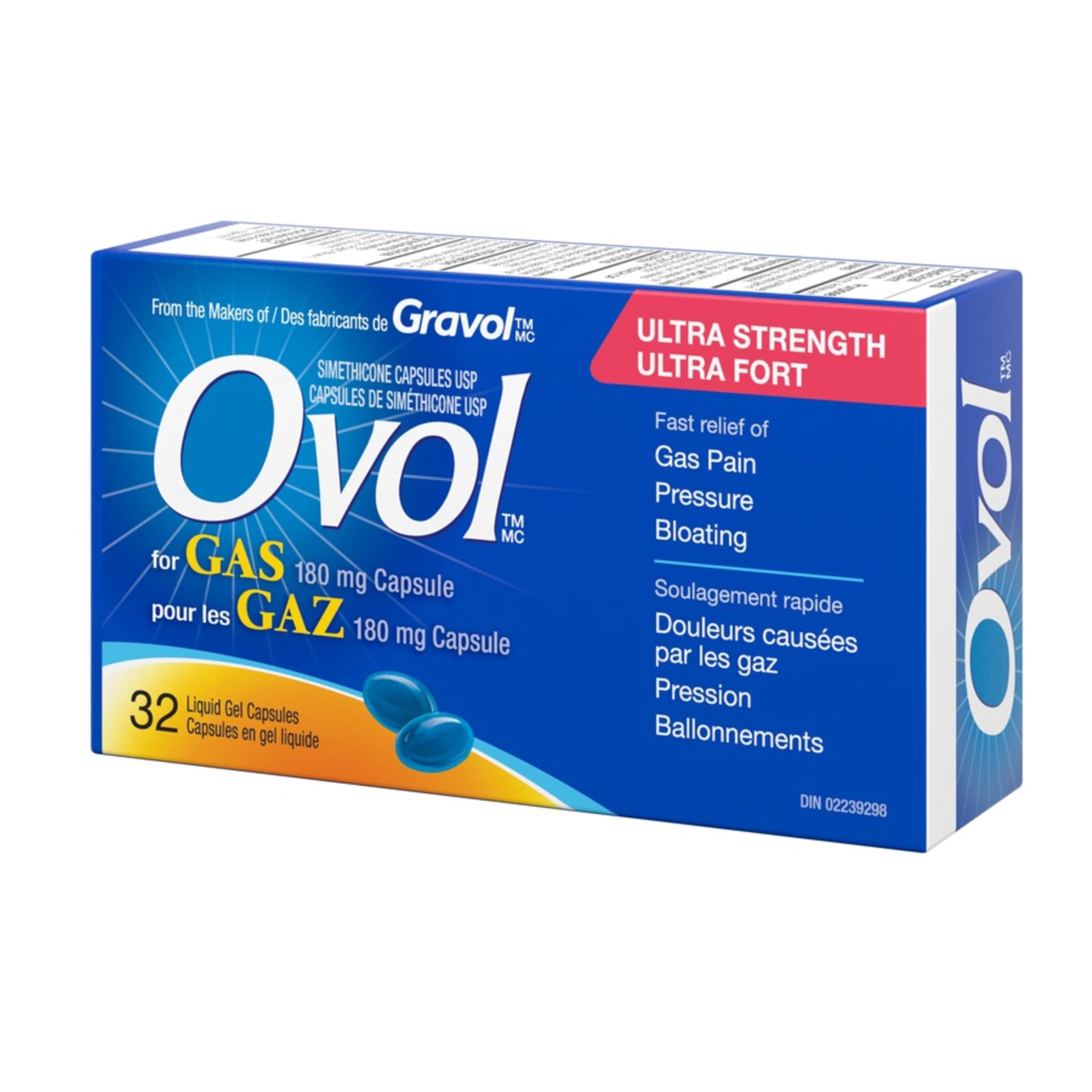 Ovol Ultra Strength Softgels Capsule For Gas, Relief for Gas Pain, Pressure, Bloating, Made in Canada, 180mg