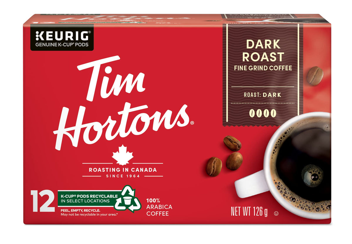Tim Hortons Premium Dark Coffee, Recyclable Single Serve Keurig K-Cup Pods, Dark Roast, 12 Count