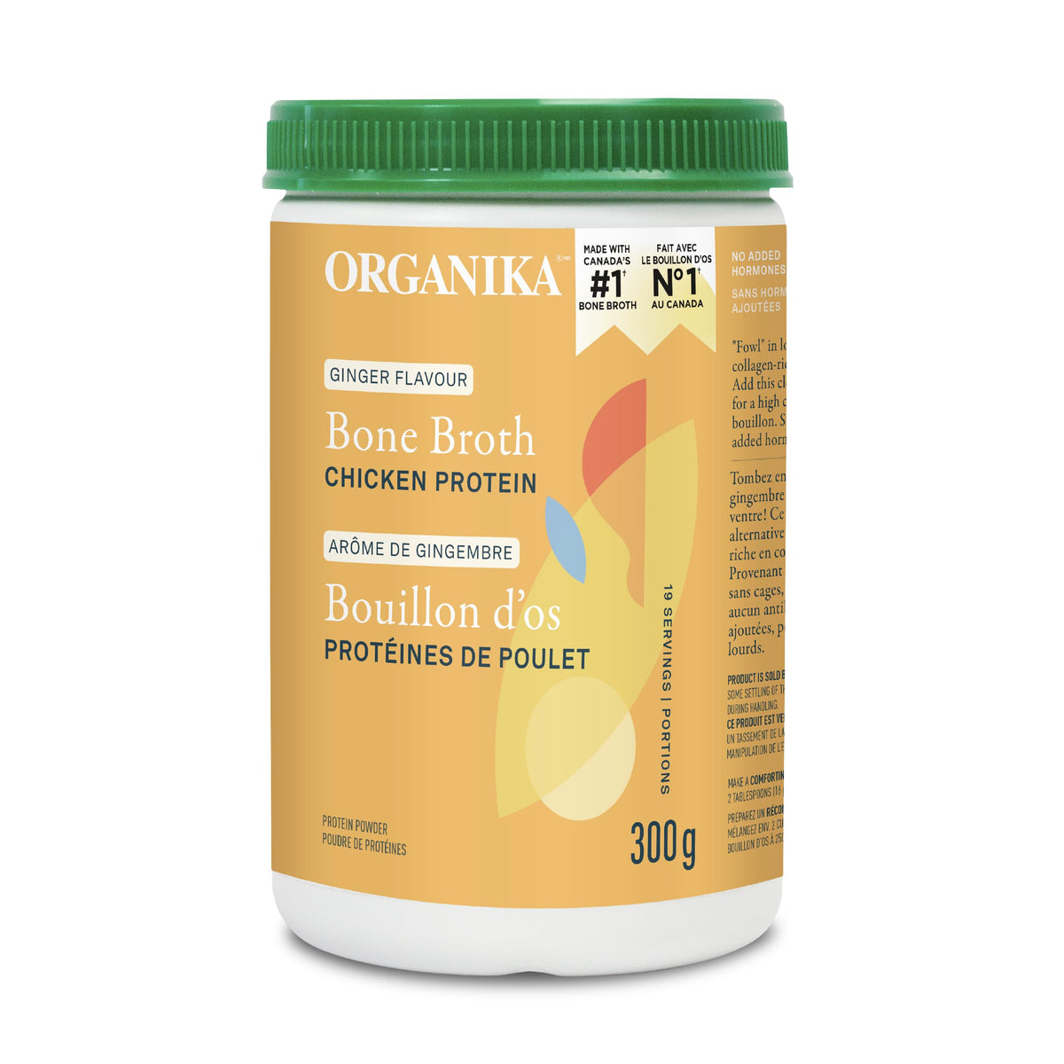 Organika Chicken Bone Broth Powder with Ginger- Free Range and Vegetarian Fed Chickens- Keto Friendly, High Protein and Mineral Content- 300g