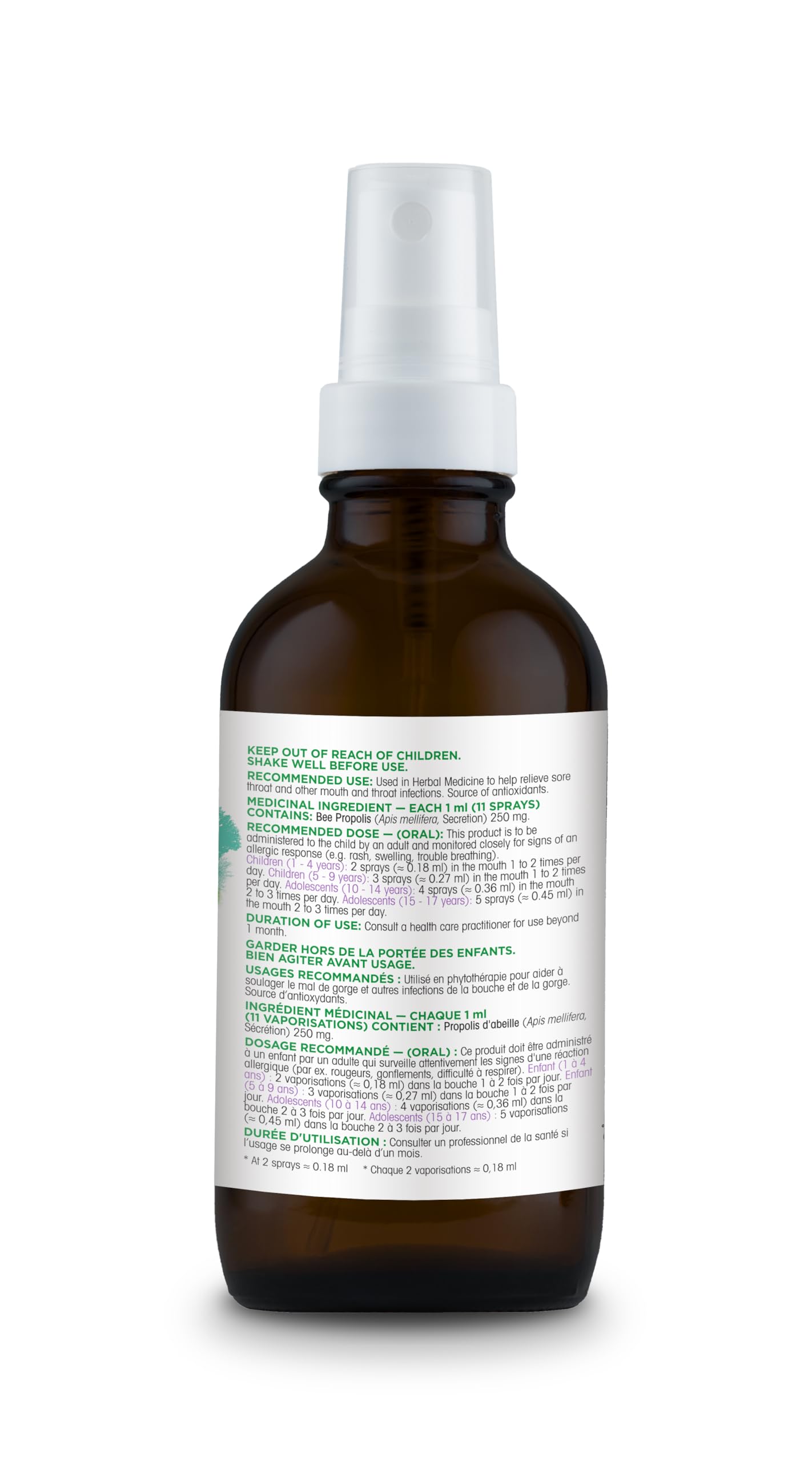 Organika Canadian-Made Kids Bee Propolis Spray with Elderberry for Natural Sugar-Free Sore Throat Relief, Immunity Support, Antioxidants- 30ml