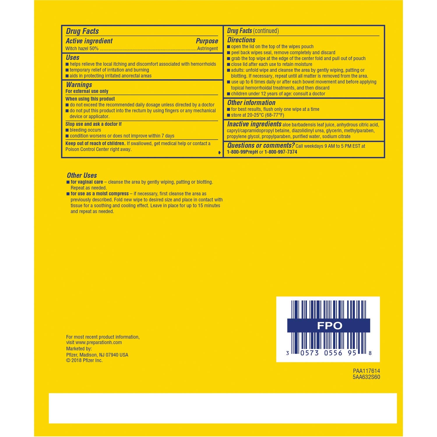 Preparation H Medicated Hemorrhoidal Wipes 180 ct, Maximum Strength Relief with Witch Hazel and Aloe, for Cleansing, Burning, Itch and Irritation Relief, 3 Packs of 60