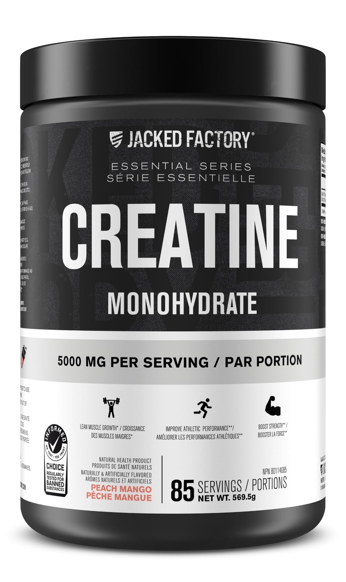 Jacked Factory Creatine Monohydrate Powder 569.5g - Canadian-Owned Informed Choice Certified Supplement for Increased Muscle Mass, Improved Strength, Power, and Performance* - 85 Servings, Peach Mango