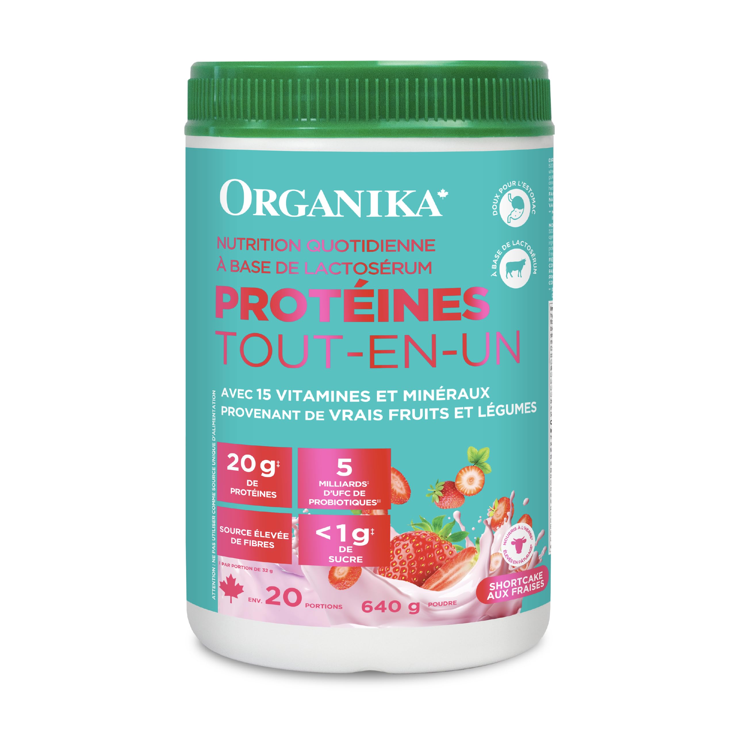 Organika All-in-One Strawberry Shortcake Protein Powder with 20g Protein,15 Vitamins & Minerals from Real Fruits & Veggies,5 Billion CFU Probiotics,4g Prebiotic Fiber, Digestive Enzymes,1g Sugar- 640g