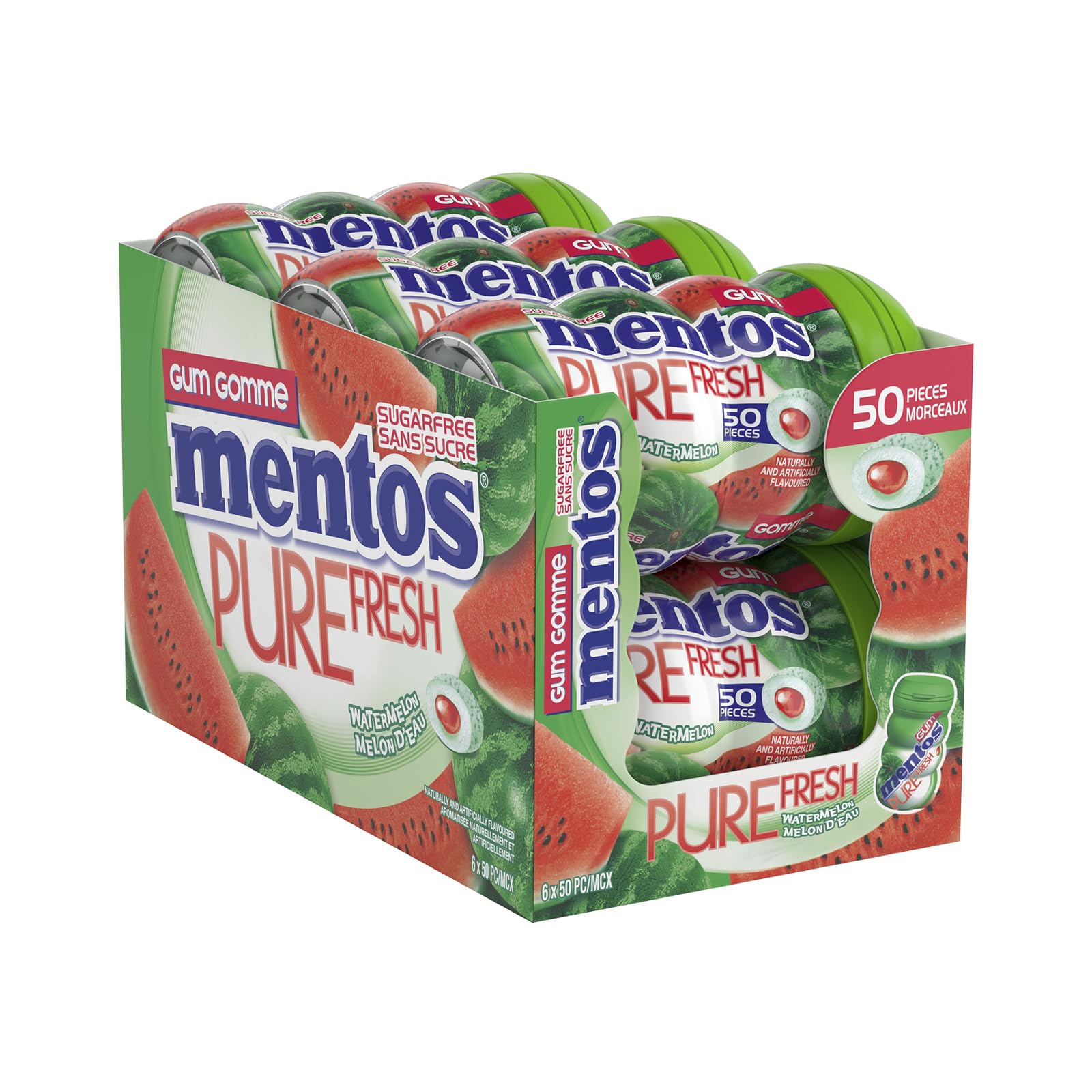 Mentos Pure Fresh, Watermelon Sugar-free Gum - Pack of 6 Bottles (300 Pieces)