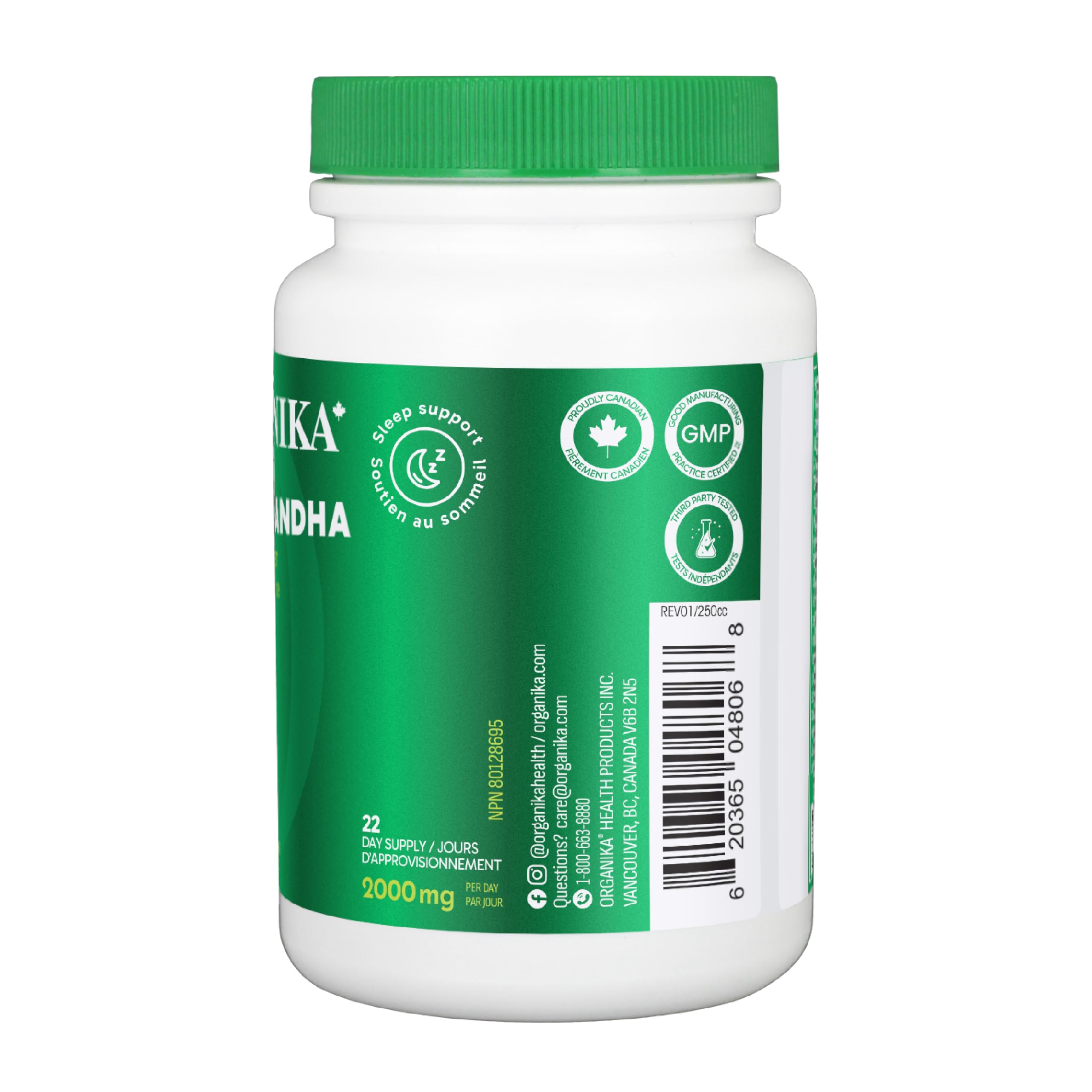 Organika Canadian-Made Ashwagandha with Black Pepper- Enhanced Absorption, Memory Support, Sleep Aid, Adaptogenic- 90vcaps