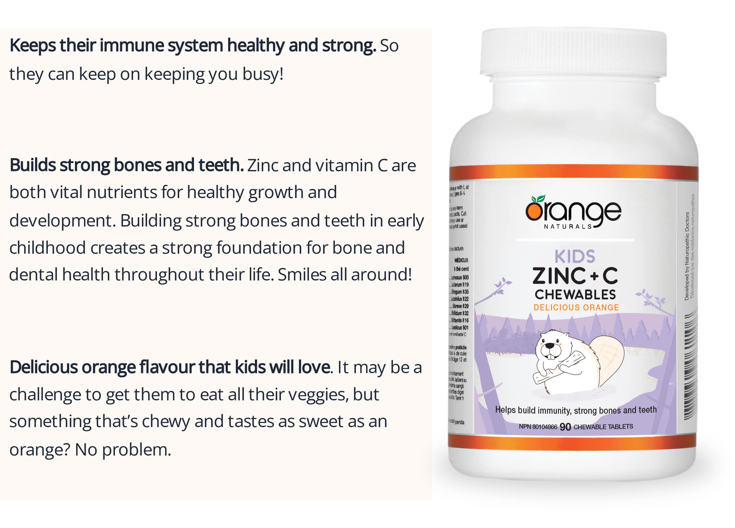 Orange Naturals Kids Zinc + Vitamin C, 90 Chewable Tablets, 90-Day Supply with 12mg Zinc & 100mg Vitamin C, Helps Build Immunity, Strong Bones and Teeth - Support Overall Wellness